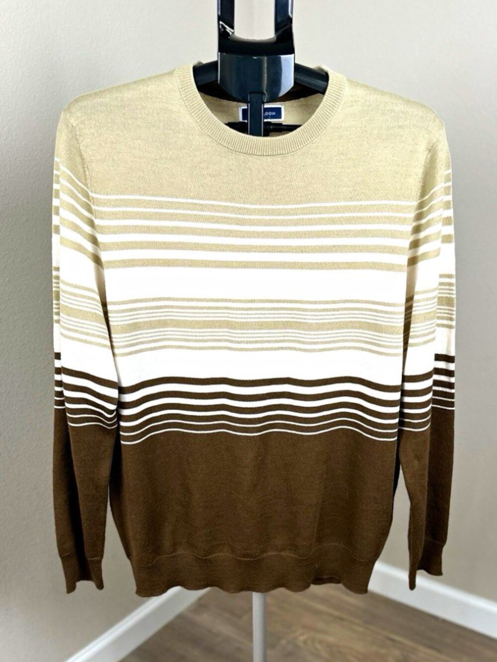 Club Room Men’s Merino Wool Blend Sweater M Brown Beige White Striped Crewneck